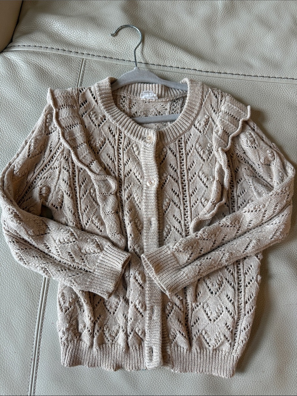 Jamie Kay Cream Openwork Ruffle-Trim Cardigan